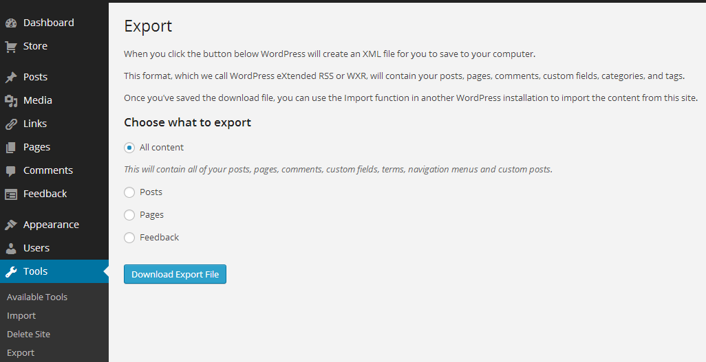 wordpress export page