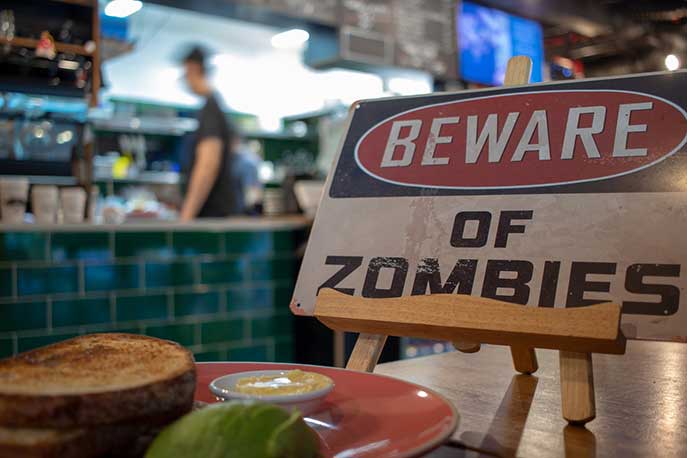 A photo of a sign saying "Beware of Zombies"